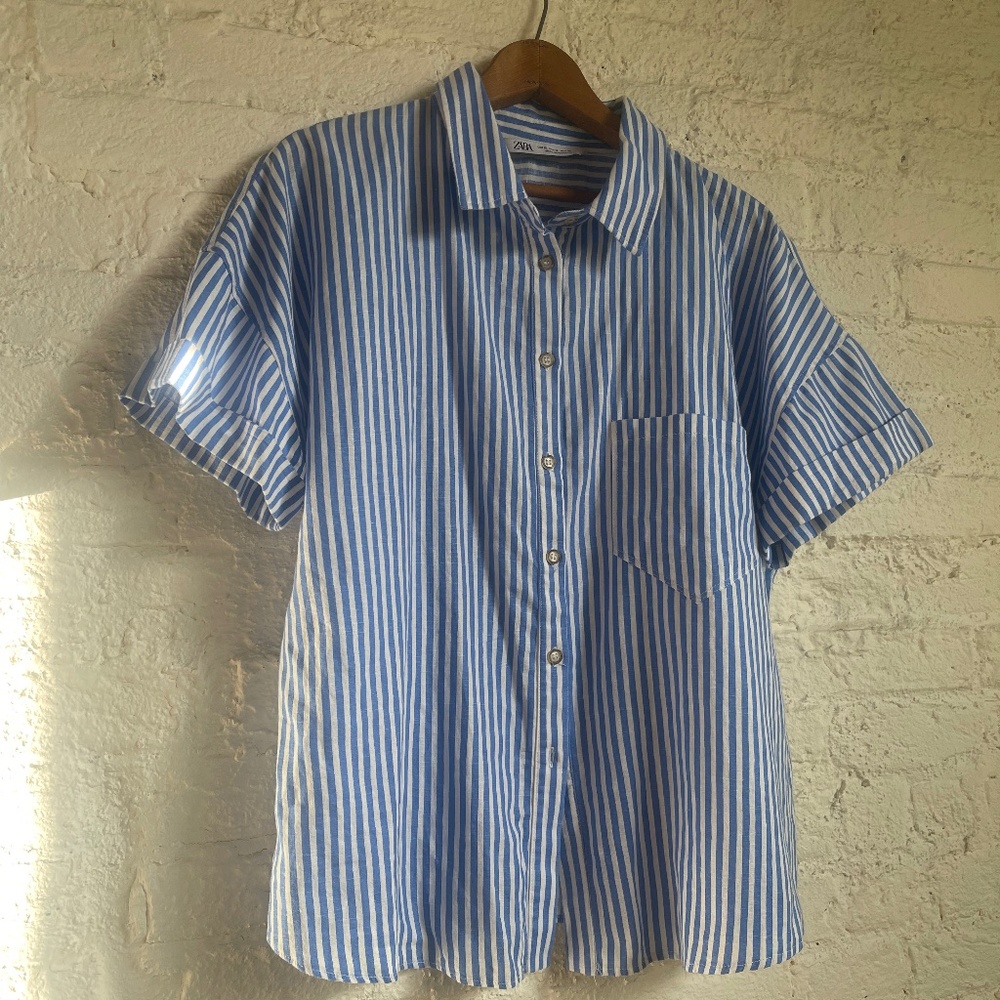 Zara blue and white, short sleeved striped shirt
